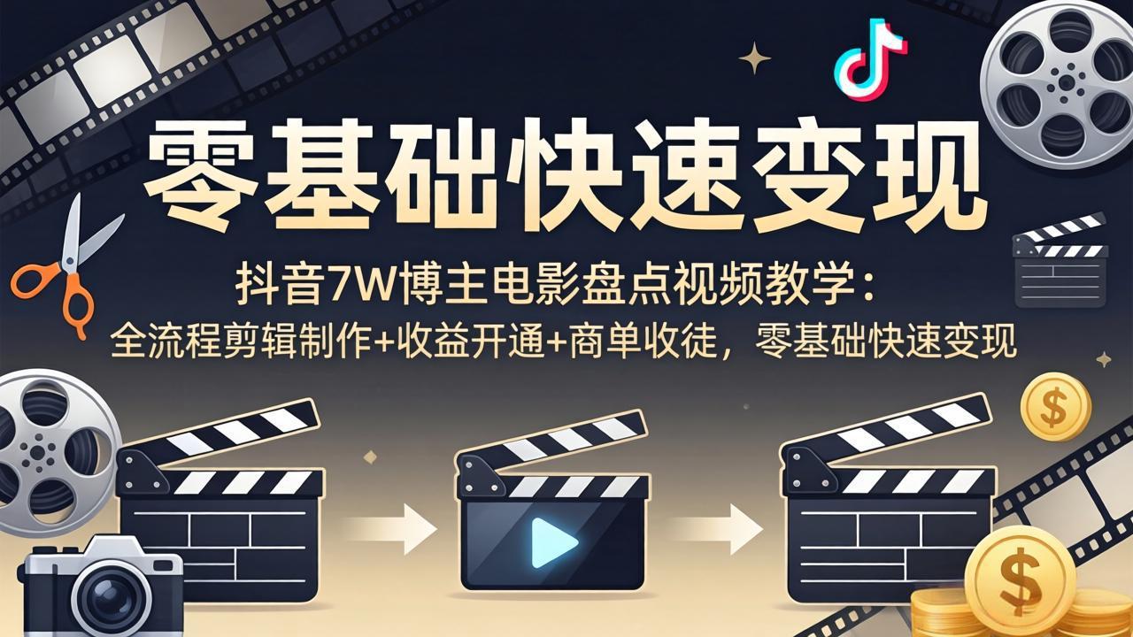 抖音7W博主电影盘点视频教学：全流程剪辑制作+收益开通+商单收徒，零基础快速变现-沧海聊项目
