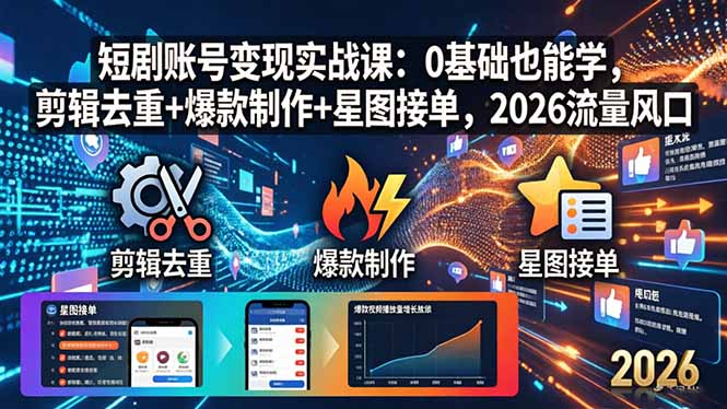 短剧账号变现实战课：0基础也能学，剪辑去重+爆款制作+星图接单，2026流量风口-沧海聊项目