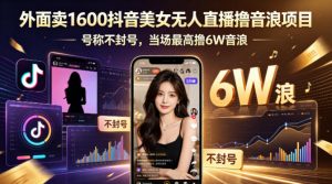 外面卖1600抖音美女无人直播撸音浪项目，号称不封号，当场最高撸6W音浪！【附详细教程】-沧海聊项目