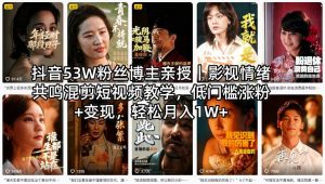 抖音53W粉丝博主亲授｜影视情绪共鸣混剪短视频教学，低门槛涨粉+变现，轻松月入1W+-沧海聊项目