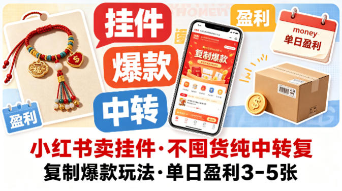 小红书卖挂件，不囤货纯中转复制爆款玩法，单日盈利3-5张-沧海聊项目