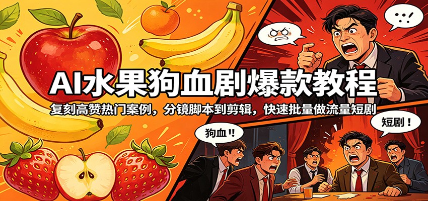 AI水果狗血剧爆款教程：复刻高赞热门案例，分镜脚本到剪辑，快速批量做流量短剧-沧海聊项目