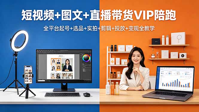 短视频+图文+直播带货VIP陪跑，全平台起号+选品+实拍+剪辑+投放+变现全教学-沧海聊项目