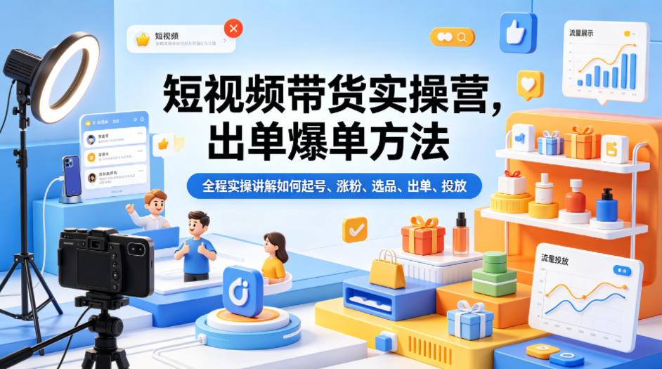 短视频带货实操营，出单爆单方法，全程实操讲解如何起号、涨粉、选品、出单、投放-沧海聊项目