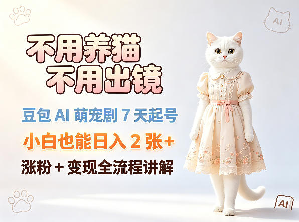 不用养猫不用出镜，豆包AI萌宠剧7天起号，小白也能日入2张+，涨粉+变现全流程讲解-沧海聊项目