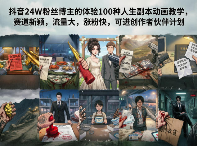 抖音24W粉丝博主的体验100种人生副本动画教学，赛道新颖，流量大，涨粉快，可进创作者伙伴计划-沧海聊项目