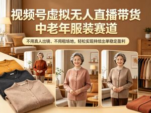视频号虚拟无人直播带货中老年服装赛道，不用真人出镜、不用租场地，轻松实现持续出单稳定盈利-沧海聊项目