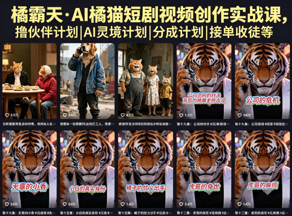 橘霸天·AI橘猫短剧视频创作实战课，撸伙伴计划|AI灵境计划|分成计划|接单收徒等-沧海聊项目