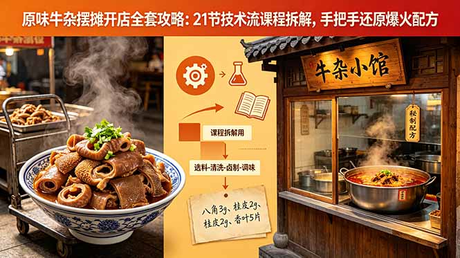原味牛杂摆摊开店全套攻略：21节技术流课程拆解，手把手还原爆火配方-沧海聊项目