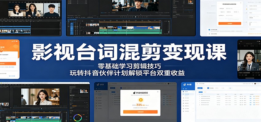 影视台词混剪变现课：零基础学习剪辑技巧，玩转抖音伙伴计划解锁平台双重收益-沧海聊项目
