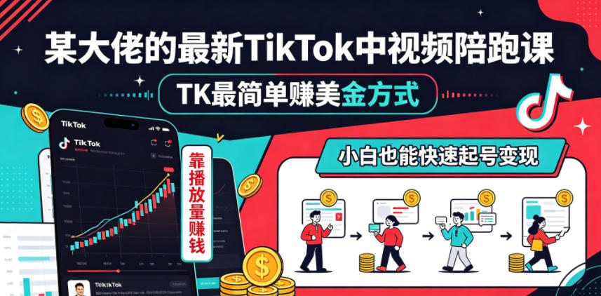 某大佬的最新TikTok中视频陪跑课，TK最简单賺美金方式，靠播放量賺钱，小白也能快速起号变现-沧海聊项目