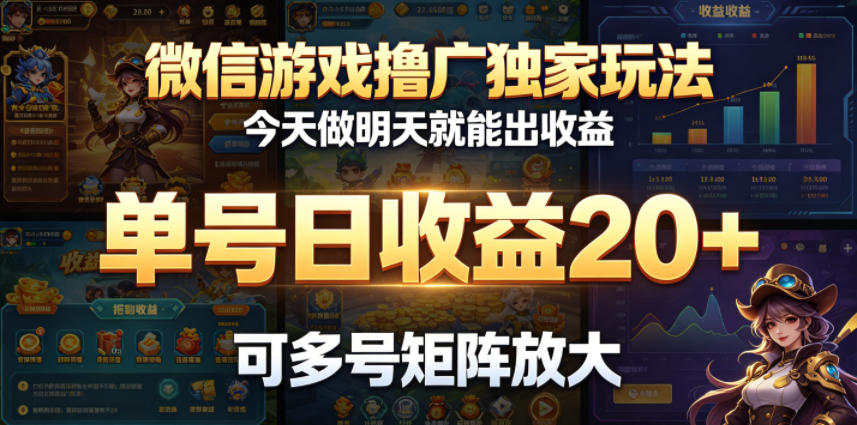 微信游戏撸广独家玩法，今天做明天就能出收益，单号日收益20+，可多号矩阵放大-沧海聊项目