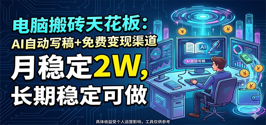 电脑搬砖天花板：AI自动写稿+免费变现渠道，月稳定2W，长期稳定可做-沧海聊项目