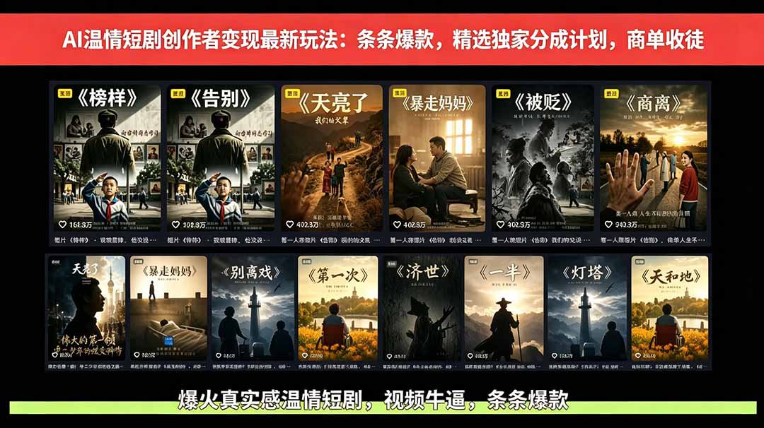 AI温情短剧创作者变现最新玩法：视频牛逼，条条爆款，精选独家分成计划，商单收徒-沧海聊项目