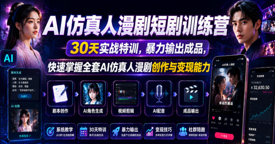 AI仿真人漫剧短剧训练营，30天实战特训，暴力输出成品，快速掌握全套AI仿真人漫剧创作与变现能力-沧海聊项目