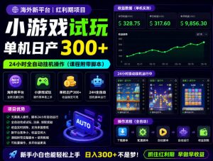 海外新平台，小游戏试玩，单机日产300+，24小时全自动挂G操作(课程附带脚本)【揭秘】-沧海聊项目