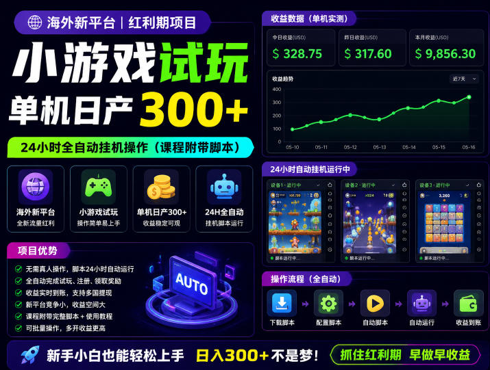 海外新平台，小游戏试玩，单机日产300+，24小时全自动挂G操作(课程附带脚本)【揭秘】-沧海聊项目