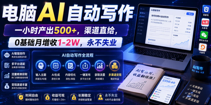 电脑AI自动写作，一小时产出500+，渠道直给，0基础月增收1-2W，永不失业【揭秘】-沧海聊项目