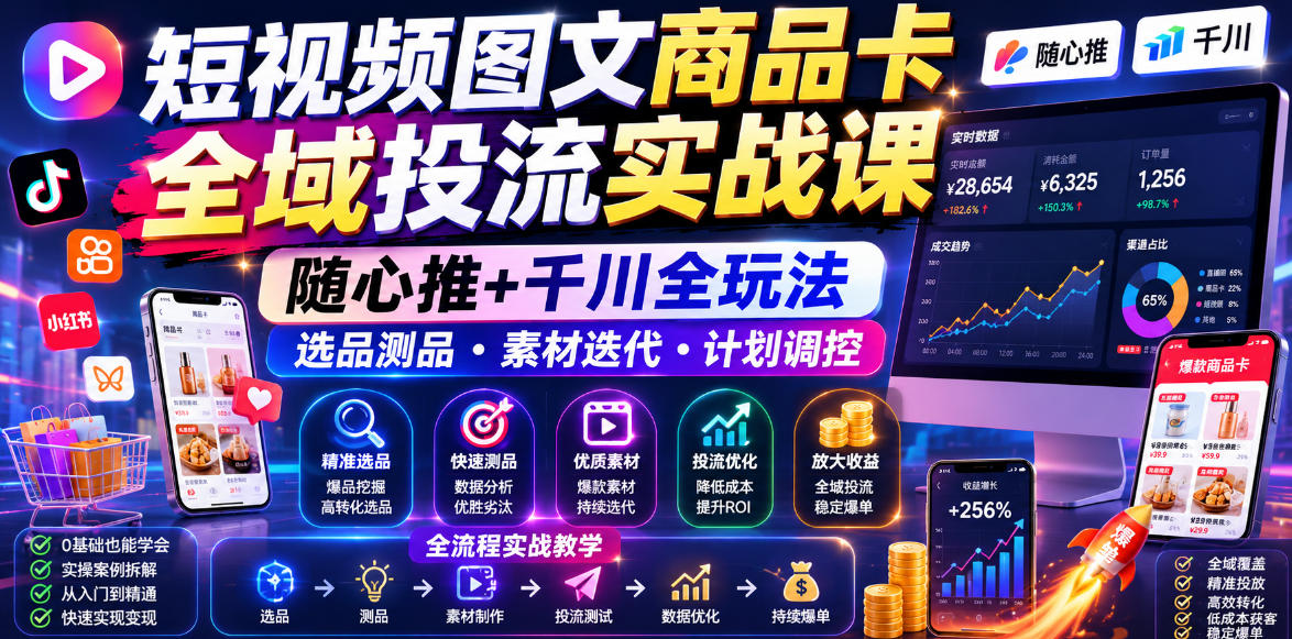 短视频图文商品卡全域投流实战课，随心推+千川全玩法，选品测品・素材迭代・计划调控，提升ROI爆单增收教程-沧海聊项目