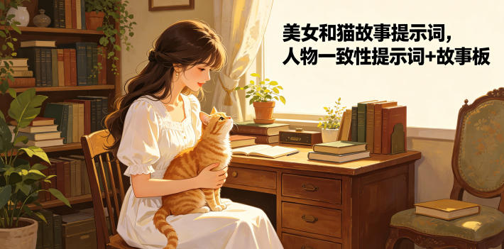 美女和猫故事提示词，人物一致性提示词+故事板-沧海聊项目