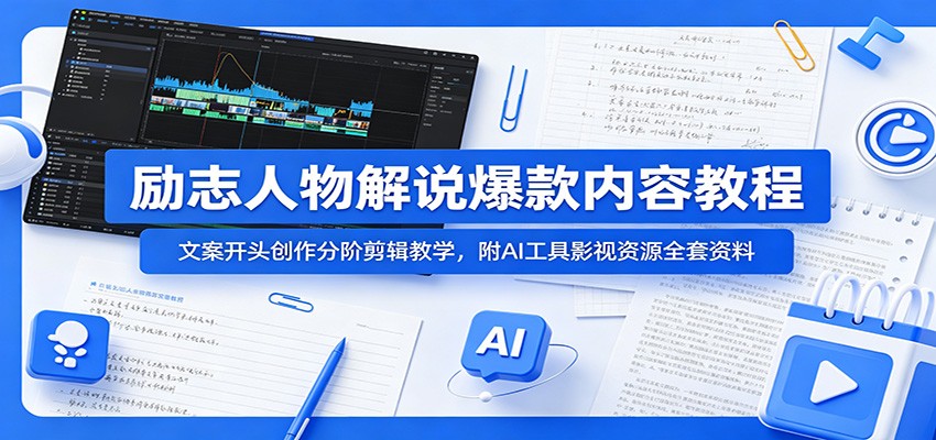 励志人物解说爆款内容教程：文案开头创作分阶剪辑教学，附AI 工具影视资源全套资料-沧海聊项目