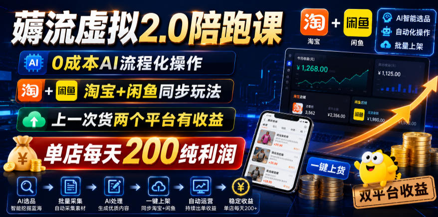 薅流虚拟2.0陪跑课，0成本AI流程化操作，淘宝+闲鱼同步玩法，上一次货两个平台有收益，单店每天200纯利润-沧海聊项目