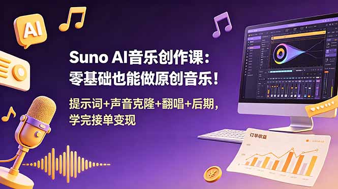 Suno AI音乐创作课：零基础也能做原创音乐！提示词+声音克隆+翻唱+后期，学完接单变现-沧海聊项目
