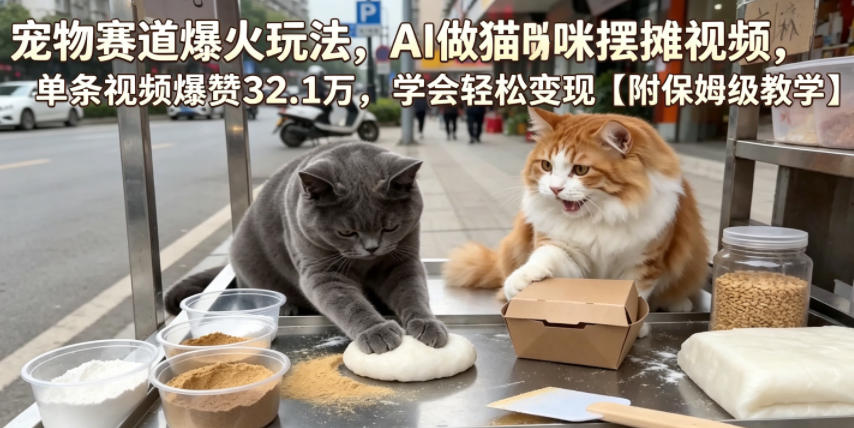 宠物赛道爆火玩法，AI做猫咪摆摊视频，单条视频爆赞32.1万，学会轻松变现【附保姆级教学】-沧海聊项目