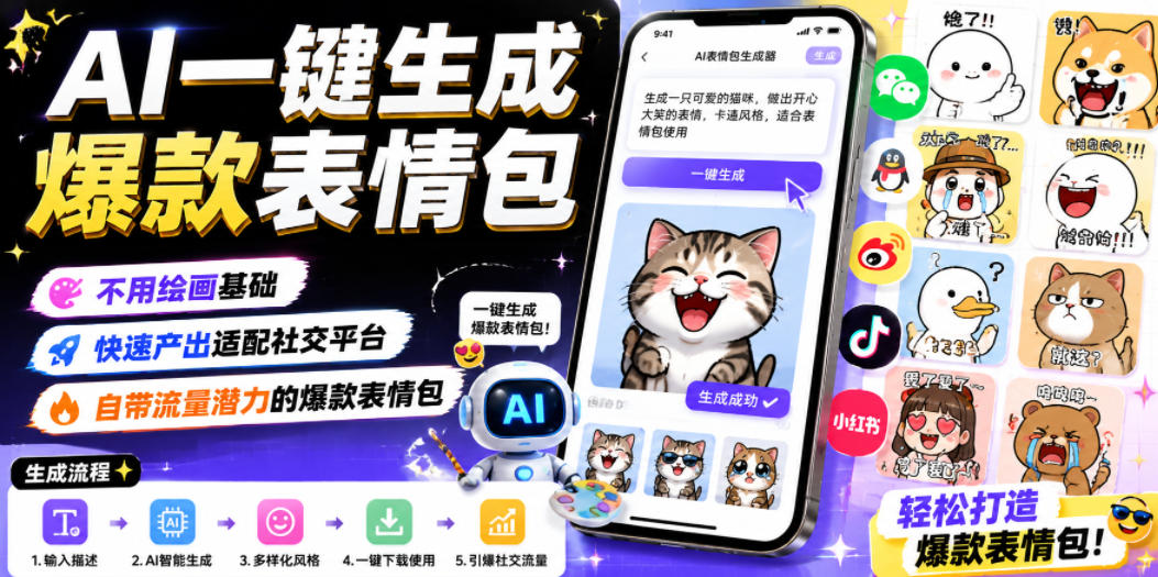 AI一键生成爆款表情包，不用绘画基础，快速产出适配社交平台，自带流量潜力的爆款表情包-沧海聊项目
