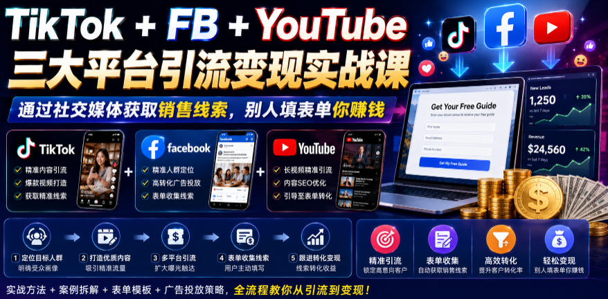 TikTok+FB+YouTube三大平台引流变现实战课，通过社交媒体获取销售线索，别人填表单你賺钱【原创双语字幕】-沧海聊项目