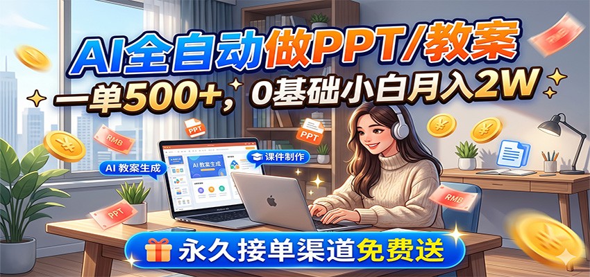 AI全自动做PPT/教案，一单500+，0基础小白月入2W，永久接单渠道免费送-沧海聊项目