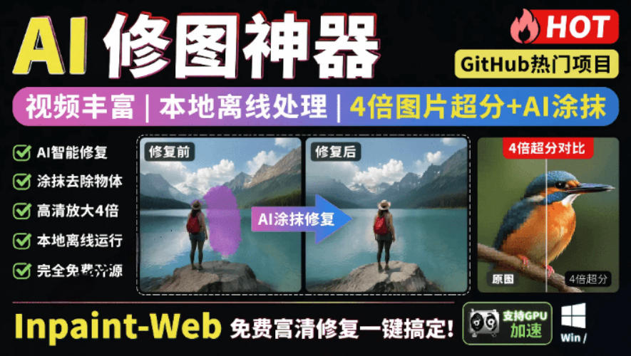 本地离线处理，4倍图片超分+AI涂抹去水印！Github上热门神器，免费高清修复图一键搞定！Inpaint-Web-沧海聊项目