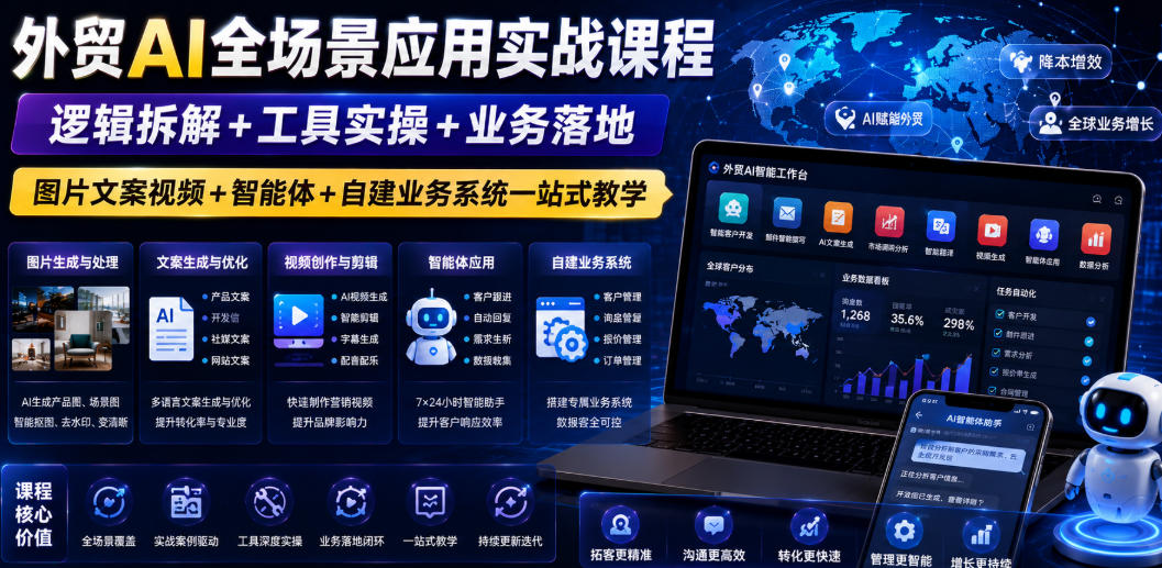 外贸AI全场景应用实战课程｜逻辑拆解+工具实操+业务落地，图片文案视频+智能体+自建业务系统一站式教学-沧海聊项目