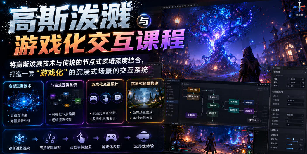 高斯泼溅与游戏化交互课程，将高斯泼溅技术与传统的节点式逻辑深度结合，打造一套“游戏化”的沉浸式场景的交互系统-沧海聊项目