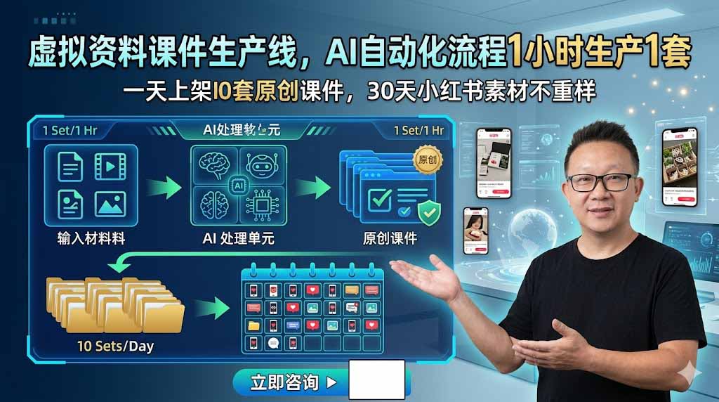 虚拟资料课件生产线，AI自动化流程1小时生产1套，一天上架10套原创课件，30天小红书素材不重样-沧海聊项目