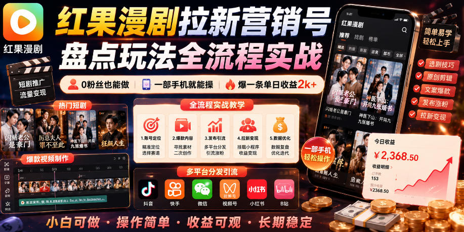红果漫剧拉新营销号盘点玩法全流程实战，0粉丝也能做，一部手机就能做，爆一条单日收益2k+(更新0628)-沧海聊项目
