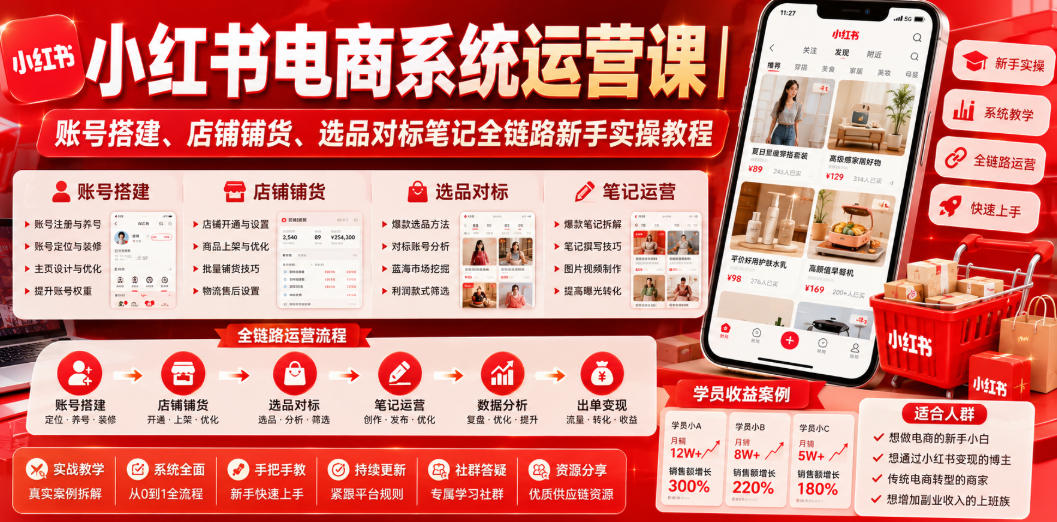 小红书电商系统运营课｜账号搭建、店铺铺货、选品对标笔记全链路新手实操教程-沧海聊项目
