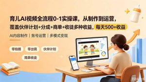 育儿AI视频全流程0-1实操课，从制作到运营，覆盖伙伴计划+分成+商单+收徒多种收益，每天500+收益-沧海聊项目