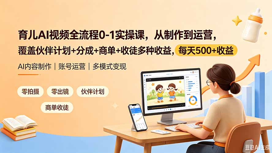 育儿AI视频全流程0-1实操课，从制作到运营，覆盖伙伴计划+分成+商单+收徒多种收益，每天500+收益-沧海聊项目
