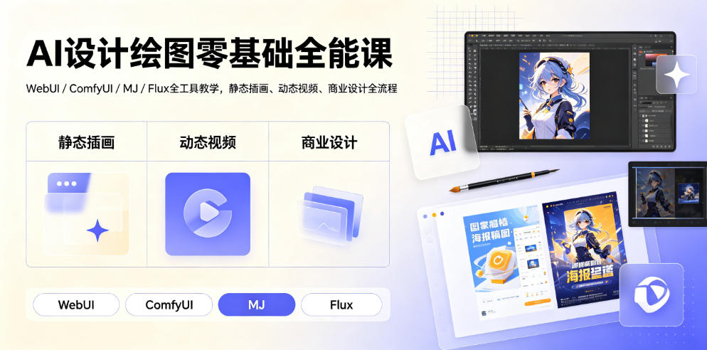 AI设计绘图零基础全能课｜WebUI/ComfyUI/MJ/Flux全工具教学，静态插画、动态视频、商业设计全流程-沧海聊项目