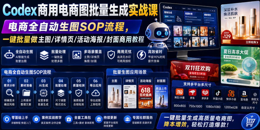 Codex商用电商图批量生成实战课｜电商全自动生图SOP流程，一键批量做主图/详情页/活动海报/封面商用教程-沧海聊项目
