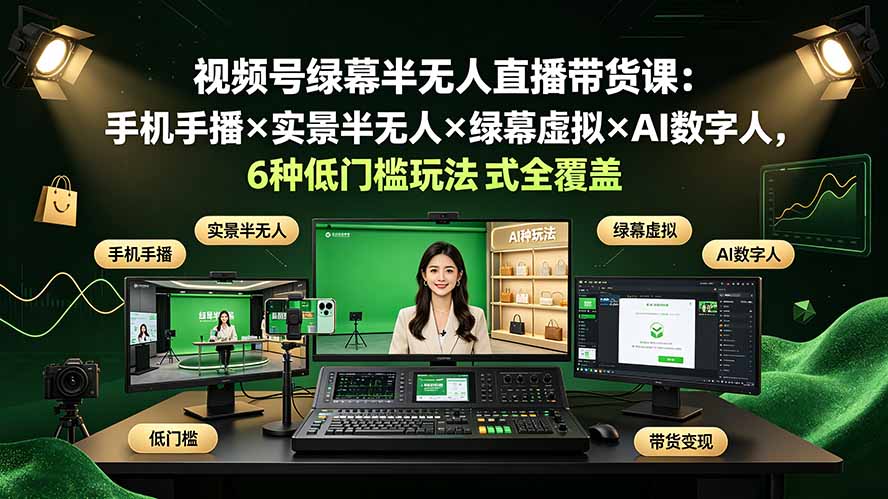 视频号绿幕半无人直播带货课：手机手播×实景半无人×绿幕虚拟×AI数字人，6种低门槛玩法全覆盖-沧海聊项目