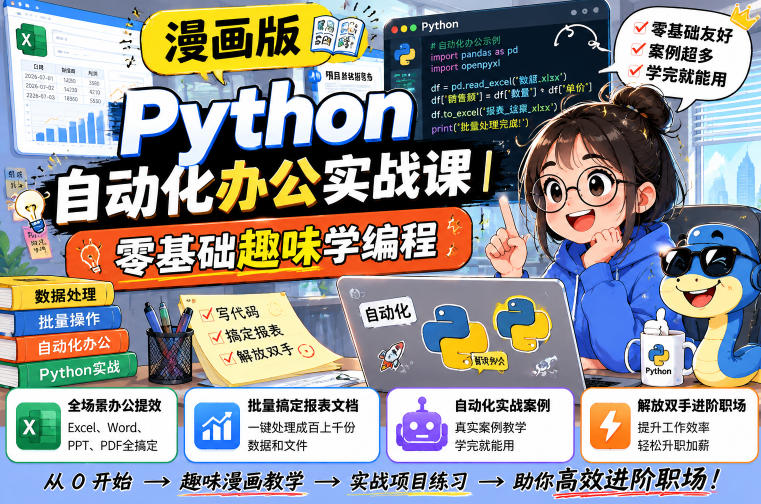 漫画版Python自动化办公实战课｜零基础趣味学编程，全场景办公提效、批量搞定报表文档、解放双手进阶职场-沧海聊项目