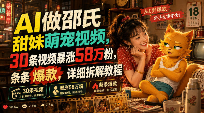 AI做邵氏甜妹萌宠视频，30条视频暴涨58万粉，条条爆款，详细拆解教程-沧海聊项目