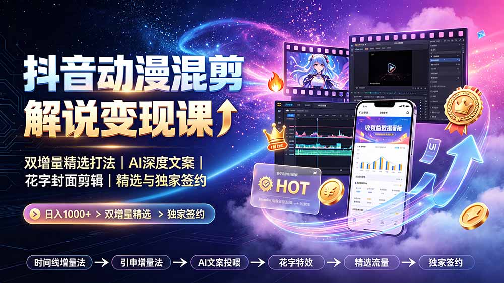 抖音动漫混剪解说变现课：双增量精选打法｜AI深度文案｜花字封面剪辑｜ 精选与独家签约日入1000+-沧海聊项目