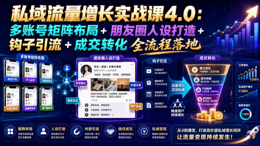 私域流量增长实战课4.0：多账号矩阵布局+朋友圈人设打造+钩子引流+成交转化全流程落地-沧海聊项目