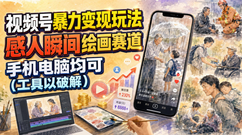 视频号暴力变现玩法，感人瞬间绘画赛道，手机电脑均可-沧海聊项目