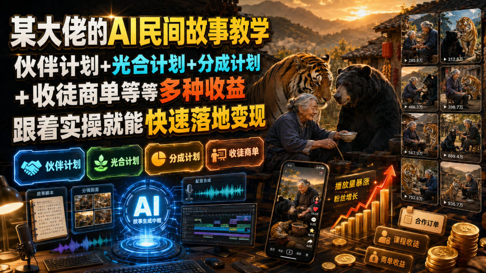 某大佬的AI民间故事教学，伙伴计划+光合计划+分成计划+收徒商单等多种收益，跟着实操就能快速落地变现-沧海聊项目
