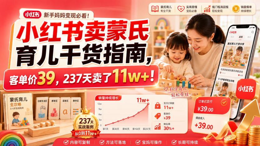 小红书卖蒙氏育儿干货指南，客单价39，237天卖了11w+！-沧海聊项目