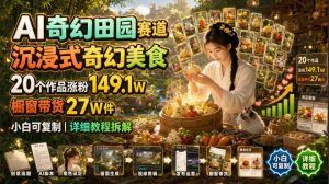 AI奇幻田园赛道，沉浸式奇幻美食，20个作品涨粉149.1W，橱窗带货27W件，小白可复制，详细教程拆解-沧海聊项目